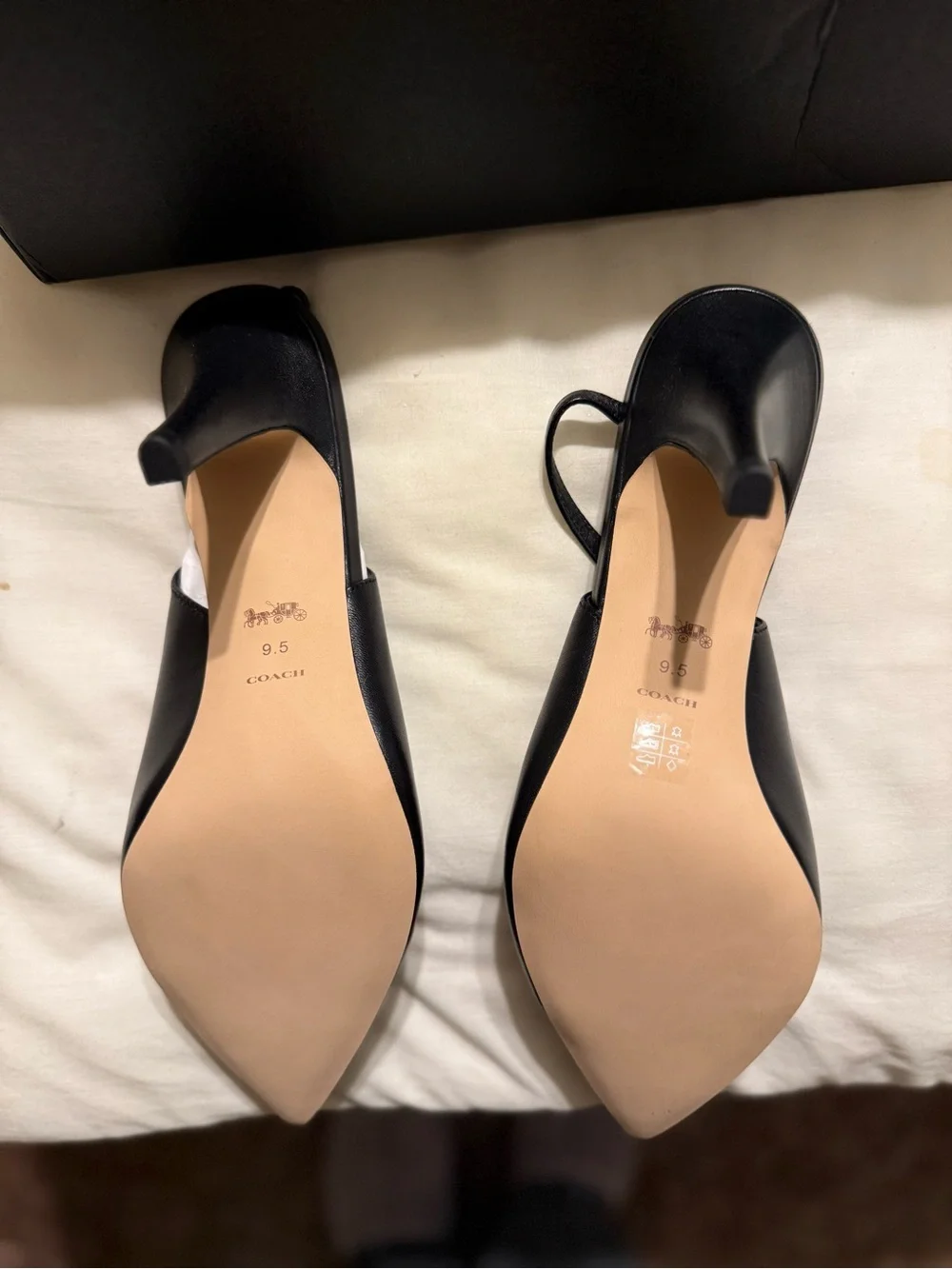 Coach Black Leather Pointed Slingback Pumps with Gold Chain
